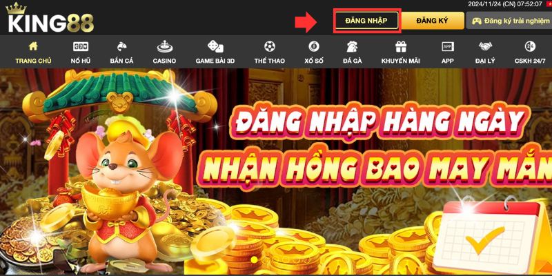 Hướng dẫn cách đăng nhập King88 nhanh nhất cho hội viên 3 Nhấn vào nút đăng nhập tại trang chủ